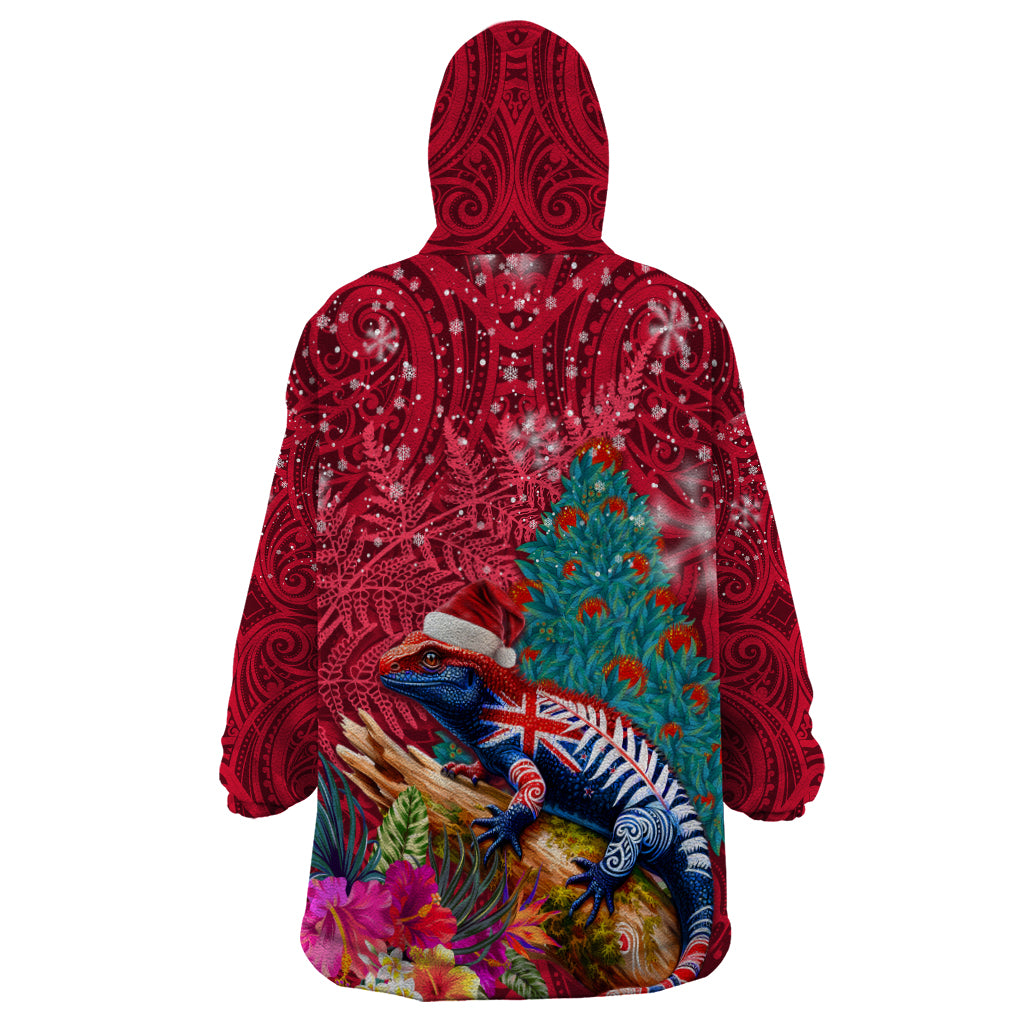 New Zealand Tuatara Christmas Wearable Blanket Hoodie Silver Fern and Xmas Pohutukawa Tree Red Color