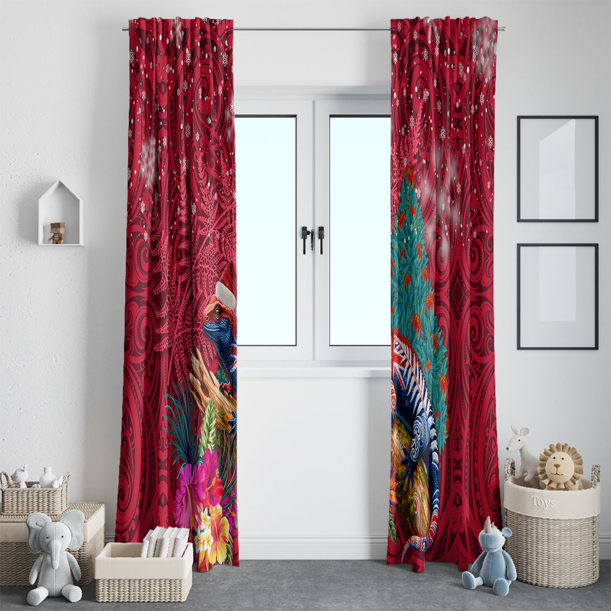 New Zealand Tuatara Christmas Window Curtain Silver Fern and Xmas Pohutukawa Tree Red Color