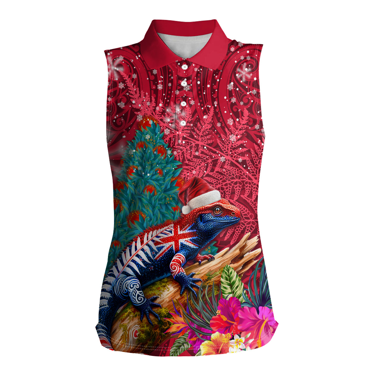 New Zealand Tuatara Christmas Women Sleeveless Polo Shirt Silver Fern and Xmas Pohutukawa Tree Red Color LT03 Female Red - Polynesian Pride