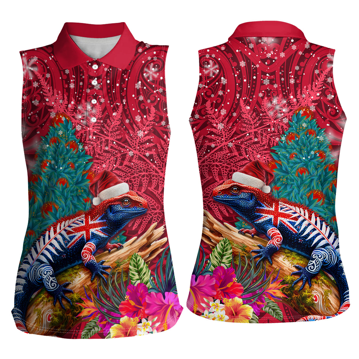 New Zealand Tuatara Christmas Women Sleeveless Polo Shirt Silver Fern and Xmas Pohutukawa Tree Red Color LT03 - Polynesian Pride