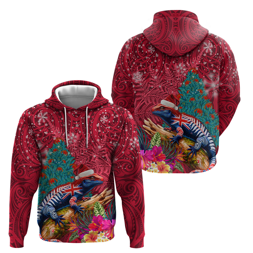 New Zealand Tuatara Christmas Zip Hoodie Silver Fern and Xmas Pohutukawa Tree Red Color