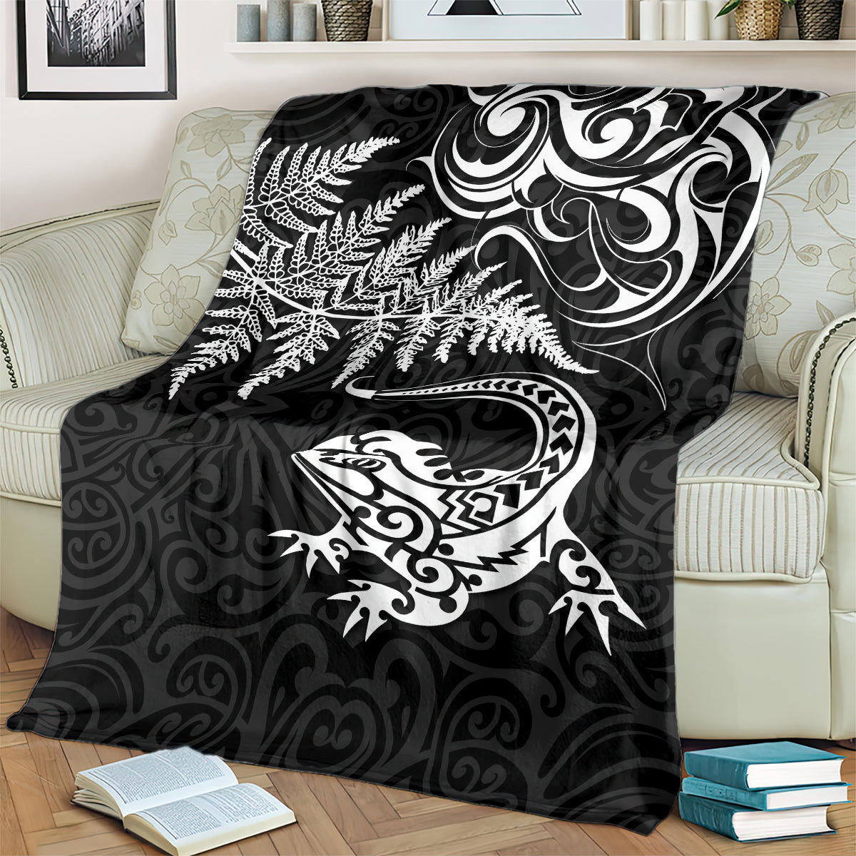 New Zealand Tuatara Tribal Tattoo Blanket Silver Fern and Maori Pattern Black Color LT03 - Polynesian Pride