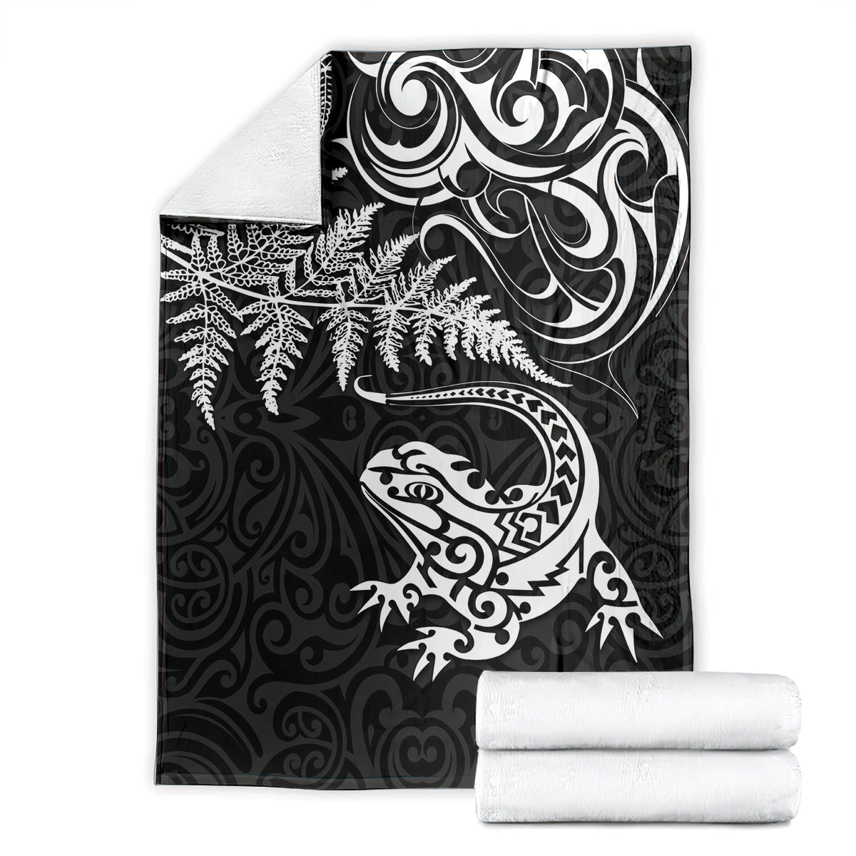 New Zealand Tuatara Tribal Tattoo Blanket Silver Fern and Maori Pattern Black Color LT03 - Polynesian Pride