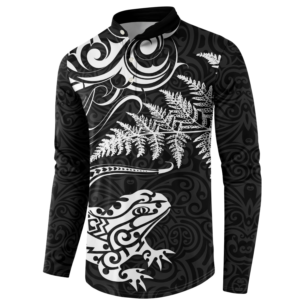 New Zealand Tuatara Tribal Tattoo Button Sweatshirt Silver Fern and Maori Pattern Black Color LT03 - Polynesian Pride
