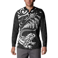 New Zealand Tuatara Tribal Tattoo Button Sweatshirt Silver Fern and Maori Pattern Black Color LT03 - Polynesian Pride