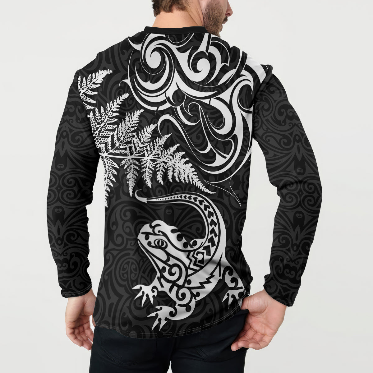 New Zealand Tuatara Tribal Tattoo Button Sweatshirt Silver Fern and Maori Pattern Black Color LT03 - Polynesian Pride