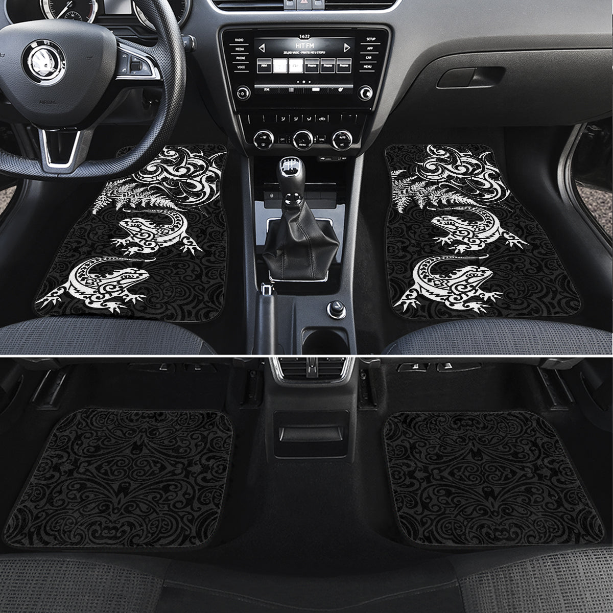 New Zealand Tuatara Tribal Tattoo Car Mats Silver Fern and Maori Pattern Black Color