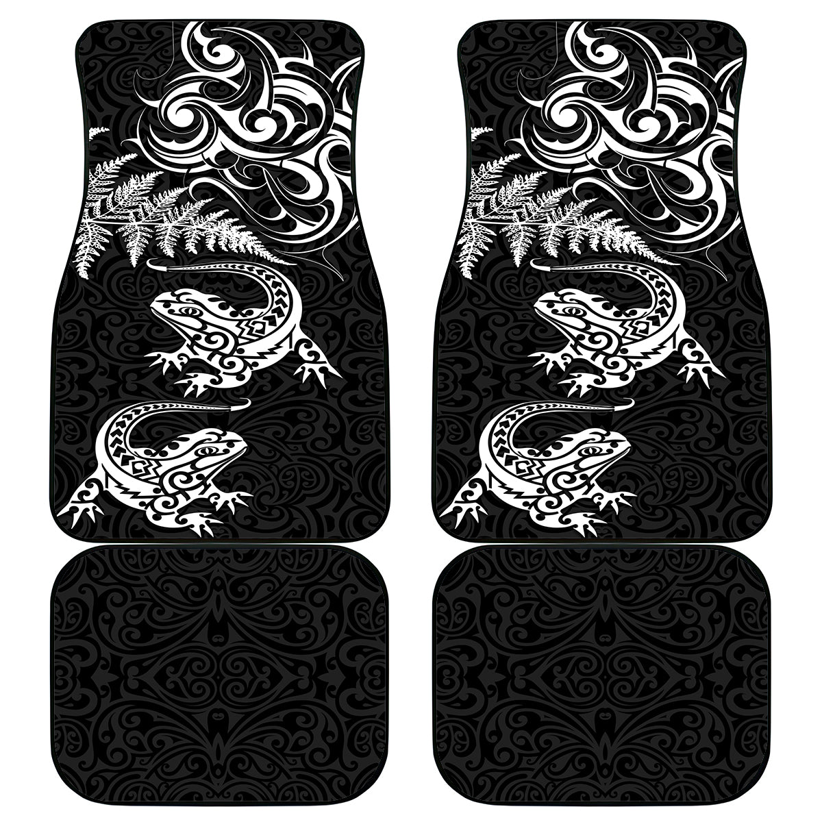 New Zealand Tuatara Tribal Tattoo Car Mats Silver Fern and Maori Pattern Black Color LT03 - Polynesian Pride