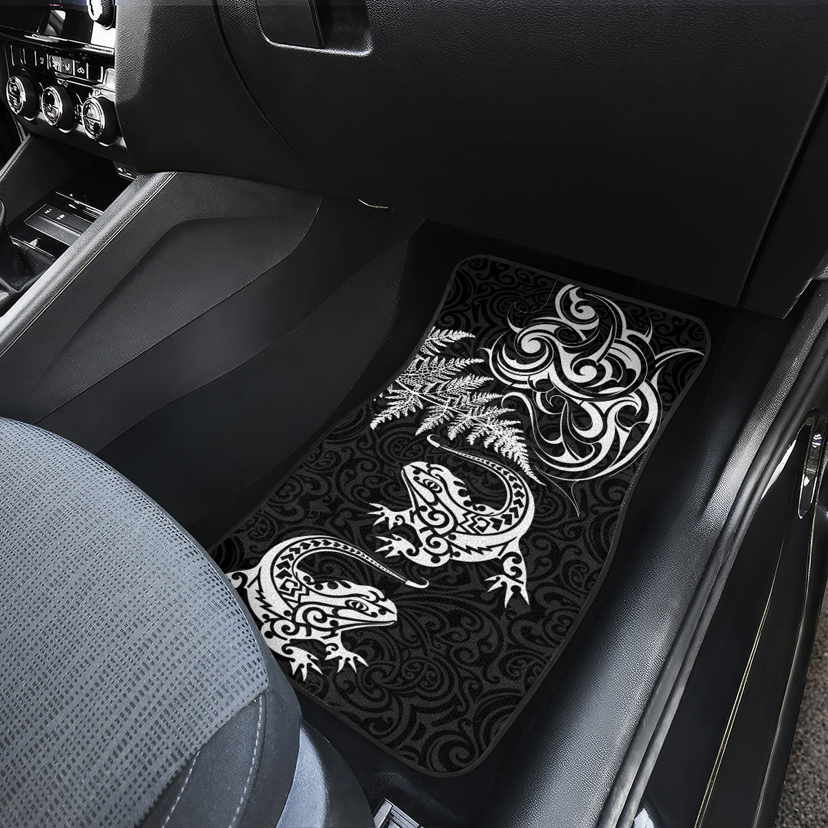 New Zealand Tuatara Tribal Tattoo Car Mats Silver Fern and Maori Pattern Black Color LT03 - Polynesian Pride