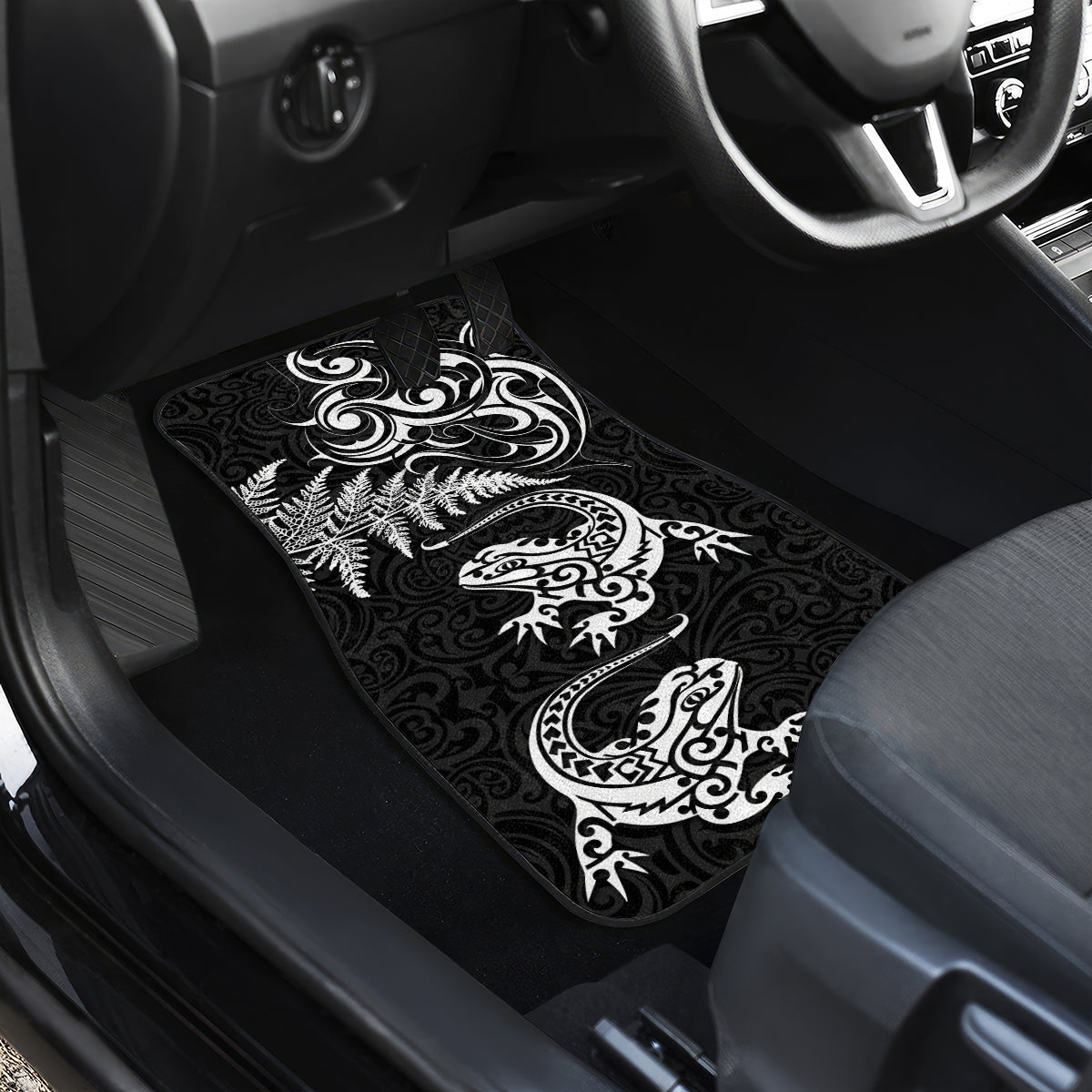 New Zealand Tuatara Tribal Tattoo Car Mats Silver Fern and Maori Pattern Black Color LT03 - Polynesian Pride