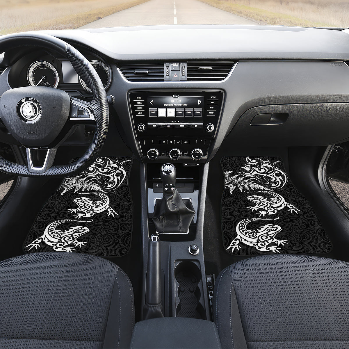 New Zealand Tuatara Tribal Tattoo Car Mats Silver Fern and Maori Pattern Black Color LT03 Set 2pcs - Front Black - Polynesian Pride