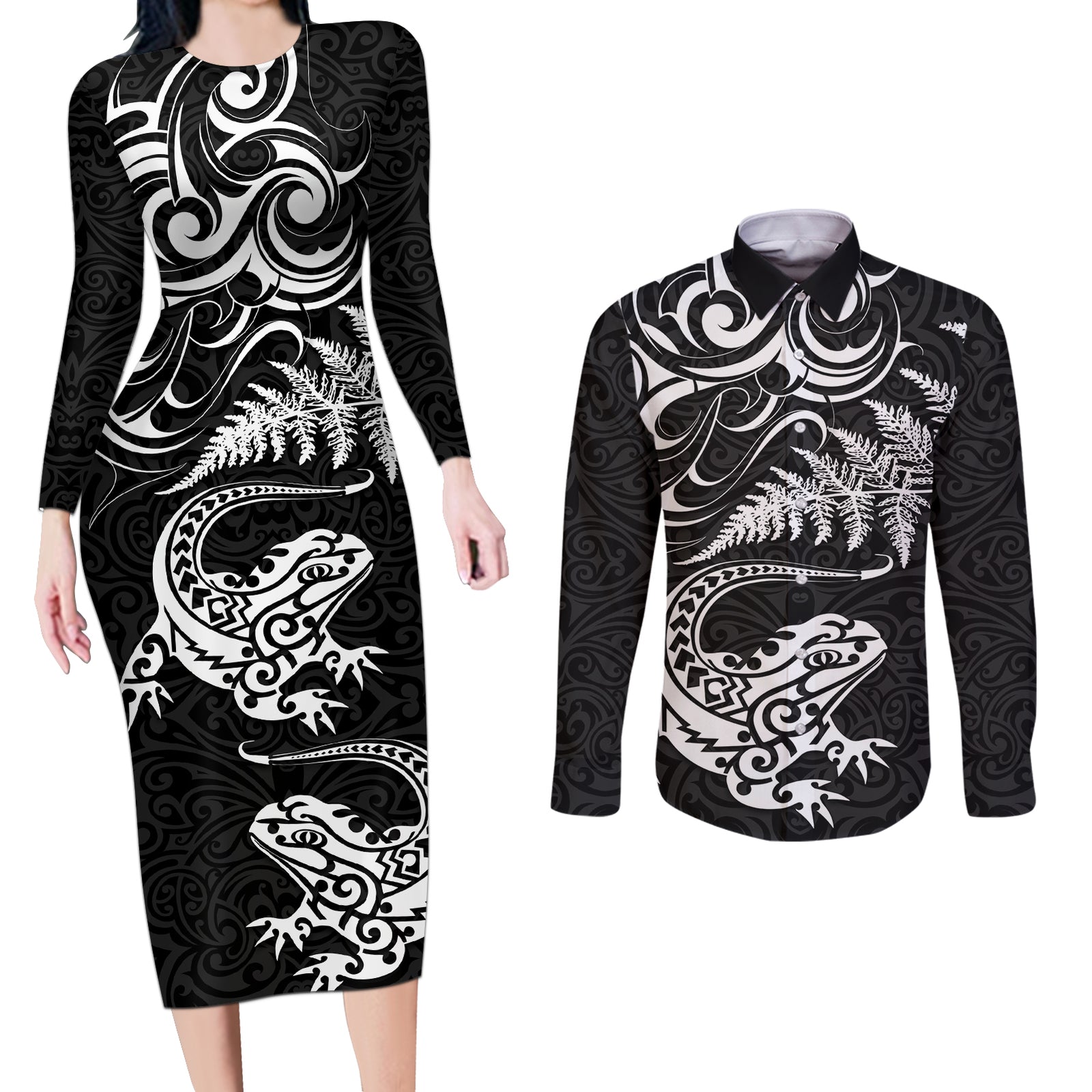 New Zealand Tuatara Tribal Tattoo Couples Matching Long Sleeve Bodycon Dress and Long Sleeve Button Shirt Silver Fern and Maori Pattern Black Color LT03 Black - Polynesian Pride