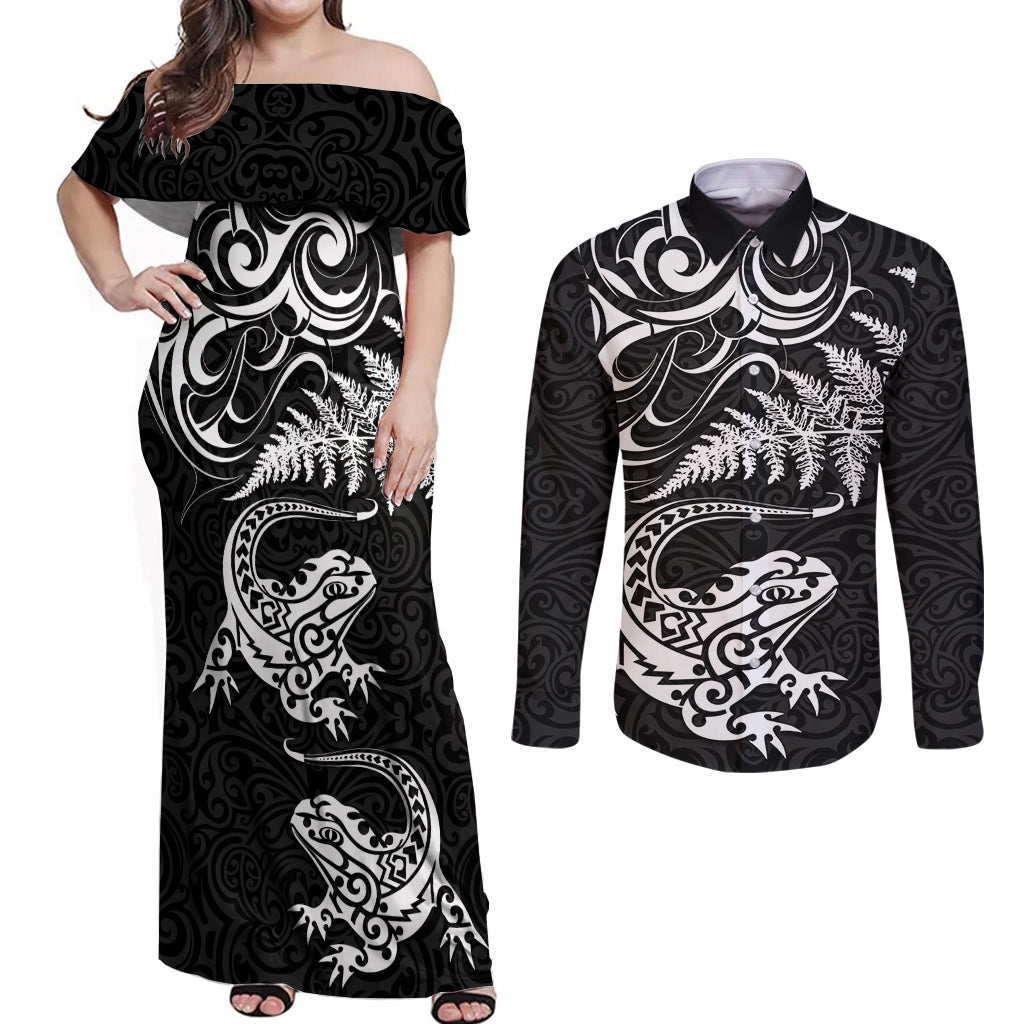New Zealand Tuatara Tribal Tattoo Couples Matching Off Shoulder Maxi Dress and Long Sleeve Button Shirt Silver Fern and Maori Pattern Black Color LT03 Black - Polynesian Pride