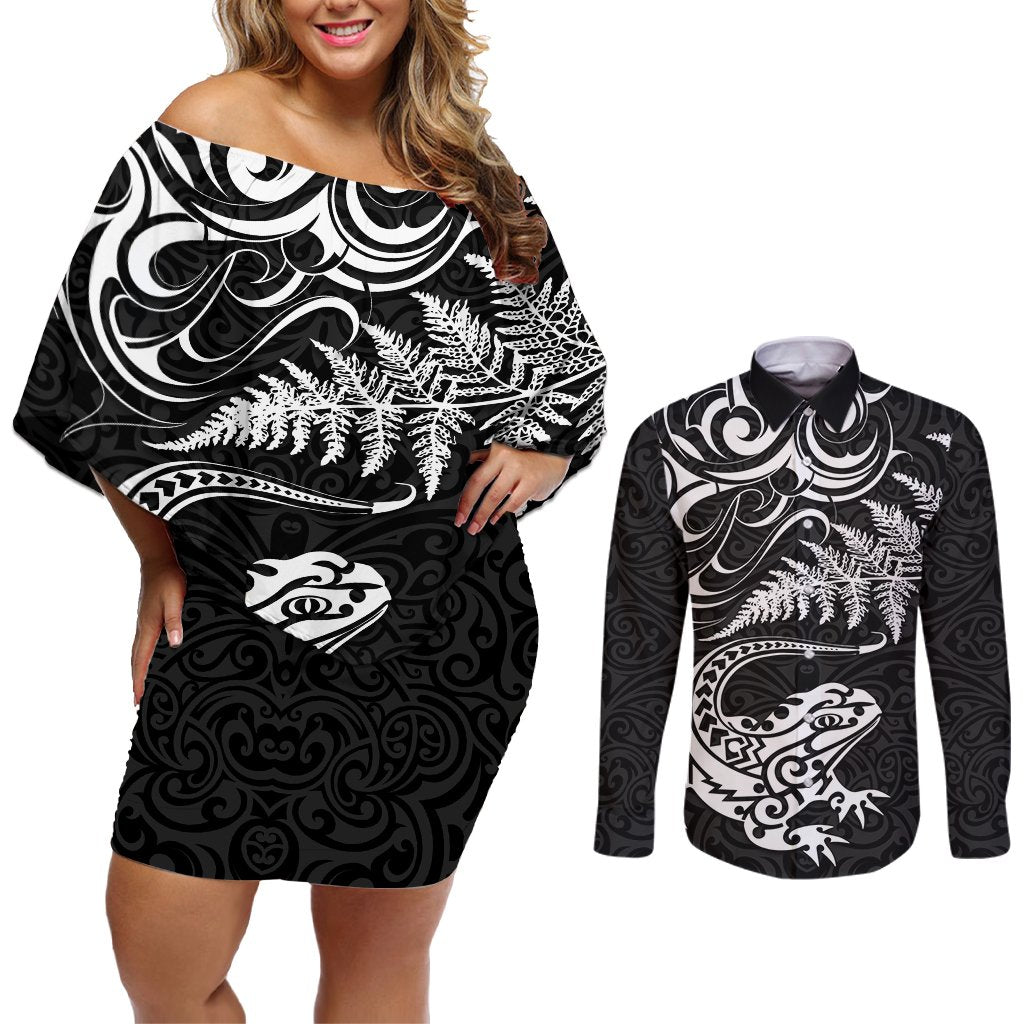 New Zealand Tuatara Tribal Tattoo Couples Matching Off Shoulder Short Dress and Long Sleeve Button Shirt Silver Fern and Maori Pattern Black Color LT03 Black - Polynesian Pride