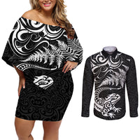 New Zealand Tuatara Tribal Tattoo Couples Matching Off Shoulder Short Dress and Long Sleeve Button Shirt Silver Fern and Maori Pattern Black Color LT03 Black - Polynesian Pride