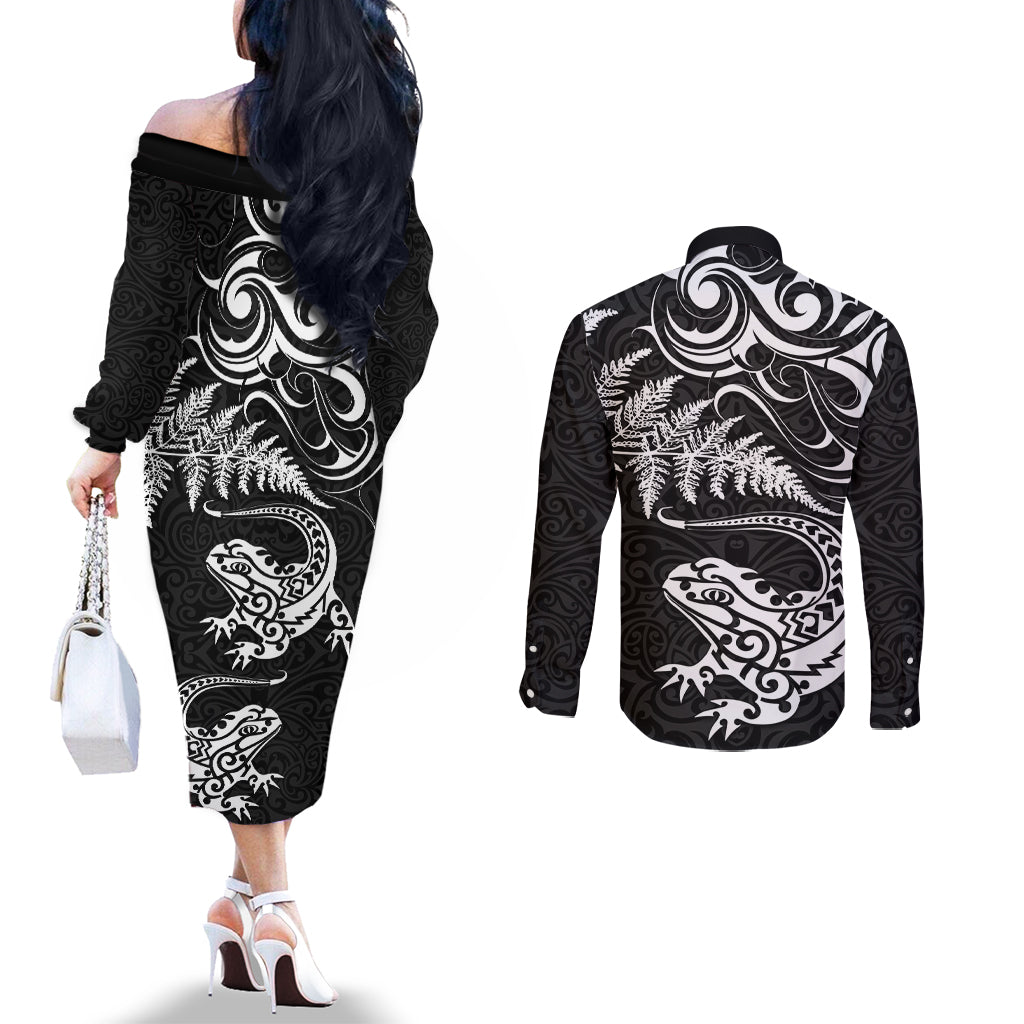 New Zealand Tuatara Tribal Tattoo Couples Matching Off The Shoulder Long Sleeve Dress and Long Sleeve Button Shirt Silver Fern and Maori Pattern Black Color LT03 - Polynesian Pride