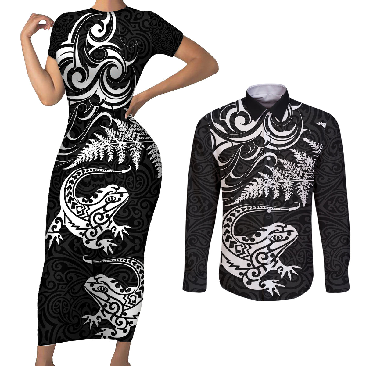 New Zealand Tuatara Tribal Tattoo Couples Matching Short Sleeve Bodycon Dress and Long Sleeve Button Shirt Silver Fern and Maori Pattern Black Color LT03 Black - Polynesian Pride