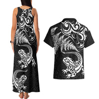 New Zealand Tuatara Tribal Tattoo Couples Matching Tank Maxi Dress and Hawaiian Shirt Silver Fern and Maori Pattern Black Color LT03 - Polynesian Pride