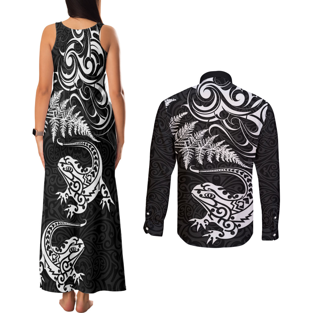 New Zealand Tuatara Tribal Tattoo Couples Matching Tank Maxi Dress and Long Sleeve Button Shirt Silver Fern and Maori Pattern Black Color LT03 - Polynesian Pride