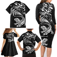 New Zealand Tuatara Tribal Tattoo Family Matching Long Sleeve Bodycon Dress and Hawaiian Shirt Silver Fern and Maori Pattern Black Color