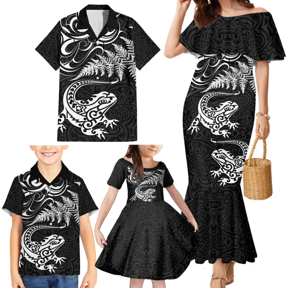 New Zealand Tuatara Tribal Tattoo Family Matching Mermaid Dress and Hawaiian Shirt Silver Fern and Maori Pattern Black Color LT03 - Polynesian Pride