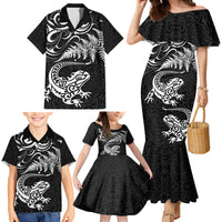 New Zealand Tuatara Tribal Tattoo Family Matching Mermaid Dress and Hawaiian Shirt Silver Fern and Maori Pattern Black Color LT03 - Polynesian Pride