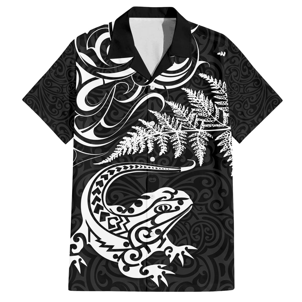 New Zealand Tuatara Tribal Tattoo Family Matching Off Shoulder Maxi Dress and Hawaiian Shirt Silver Fern and Maori Pattern Black Color LT03 Dad's Shirt - Short Sleeve Black - Polynesian Pride