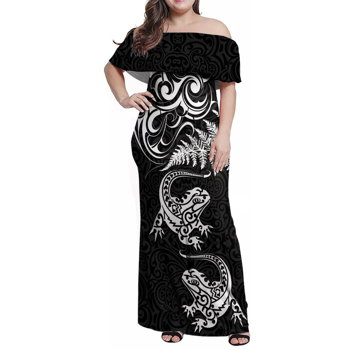 New Zealand Tuatara Tribal Tattoo Family Matching Off Shoulder Maxi Dress and Hawaiian Shirt Silver Fern and Maori Pattern Black Color LT03 Mom's Dress Black - Polynesian Pride