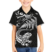 New Zealand Tuatara Tribal Tattoo Family Matching Off Shoulder Maxi Dress and Hawaiian Shirt Silver Fern and Maori Pattern Black Color LT03 Son's Shirt Black - Polynesian Pride