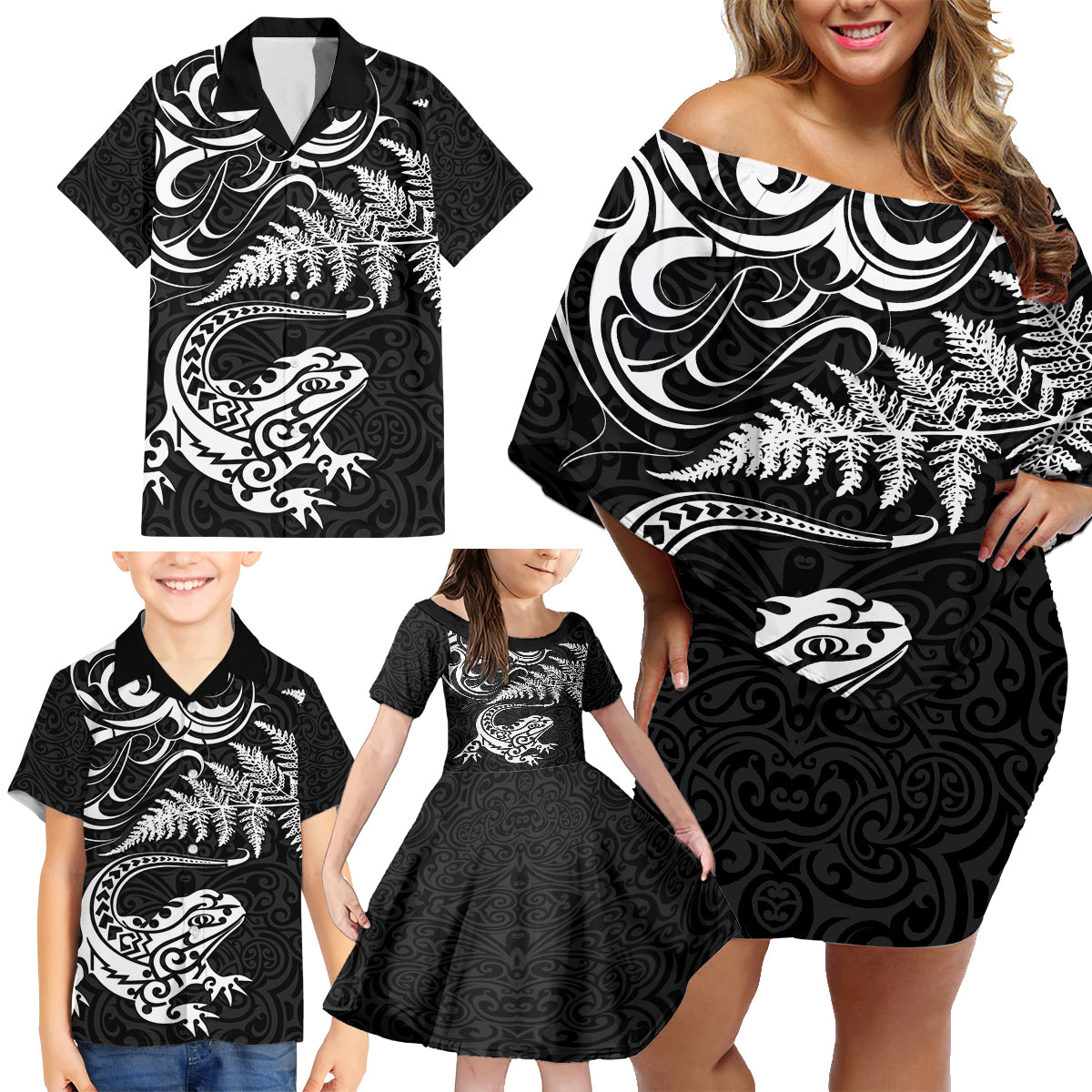 New Zealand Tuatara Tribal Tattoo Family Matching Off Shoulder Short Dress and Hawaiian Shirt Silver Fern and Maori Pattern Black Color LT03 - Polynesian Pride