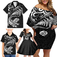 New Zealand Tuatara Tribal Tattoo Family Matching Off Shoulder Short Dress and Hawaiian Shirt Silver Fern and Maori Pattern Black Color LT03 - Polynesian Pride