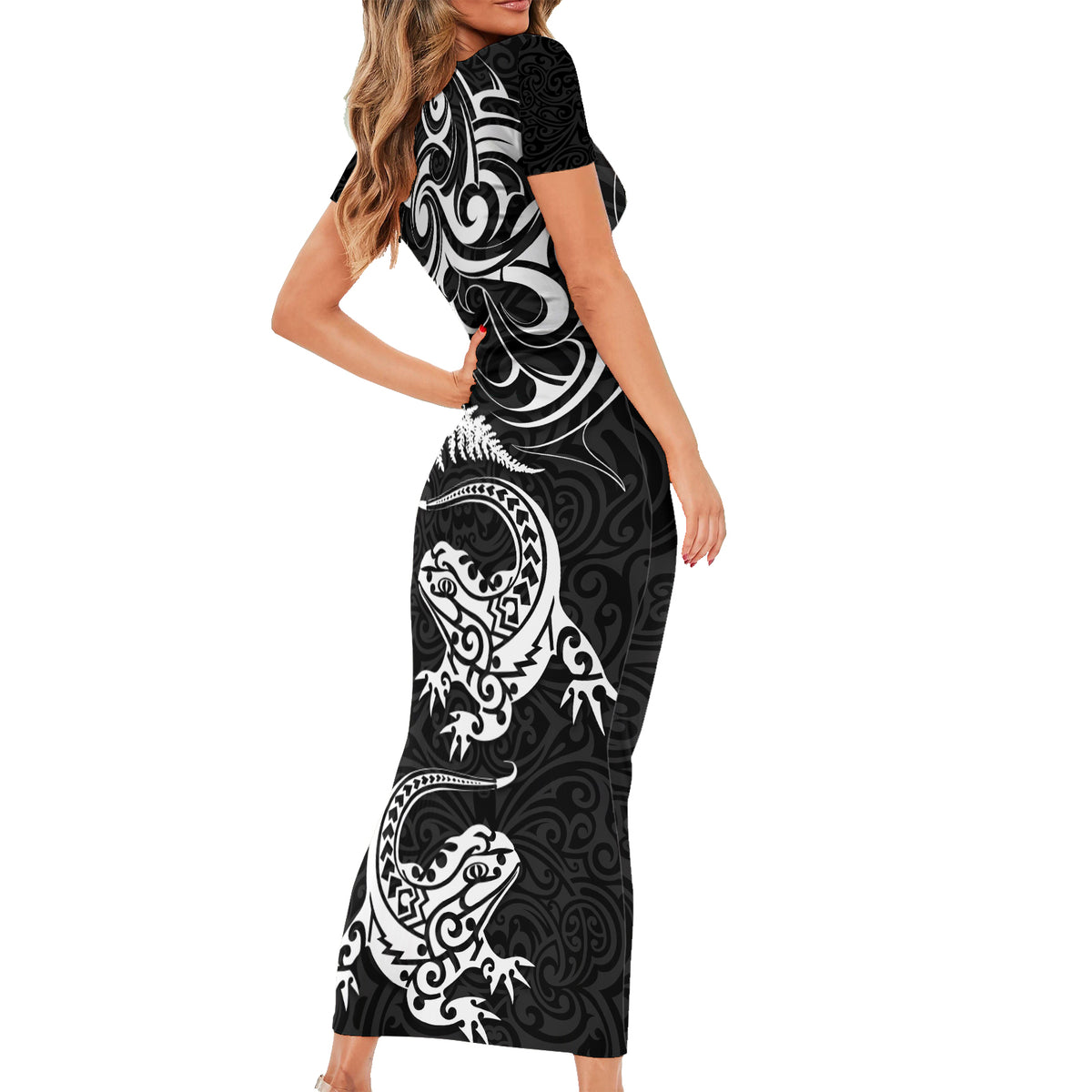New Zealand Tuatara Tribal Tattoo Family Matching Short Sleeve Bodycon Dress and Hawaiian Shirt Silver Fern and Maori Pattern Black Color LT03 - Polynesian Pride