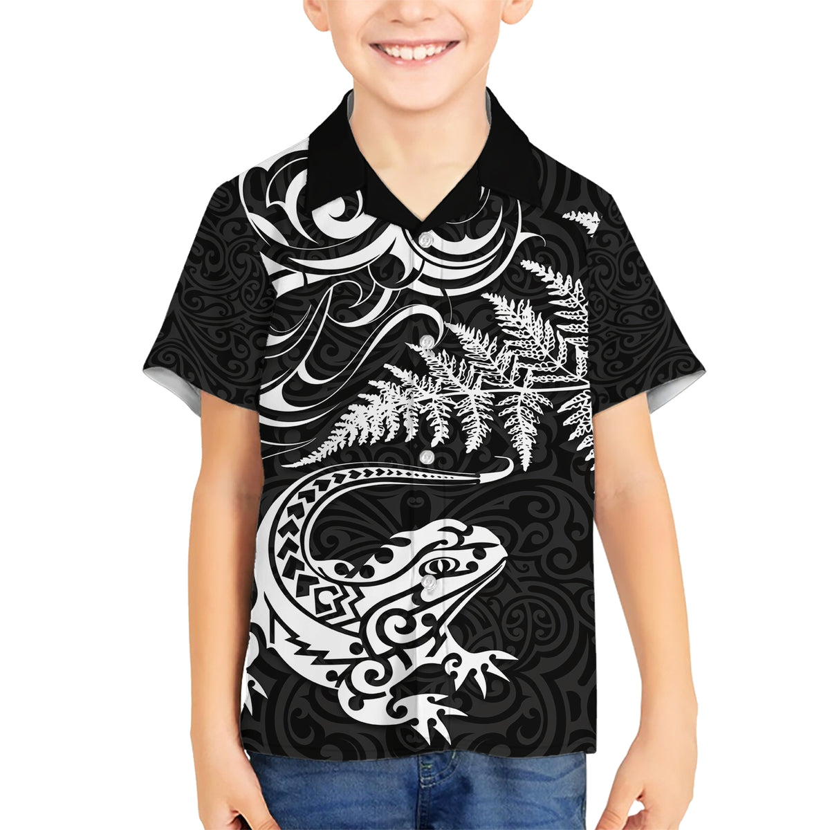 New Zealand Tuatara Tribal Tattoo Family Matching Short Sleeve Bodycon Dress and Hawaiian Shirt Silver Fern and Maori Pattern Black Color LT03 Son's Shirt Black - Polynesian Pride