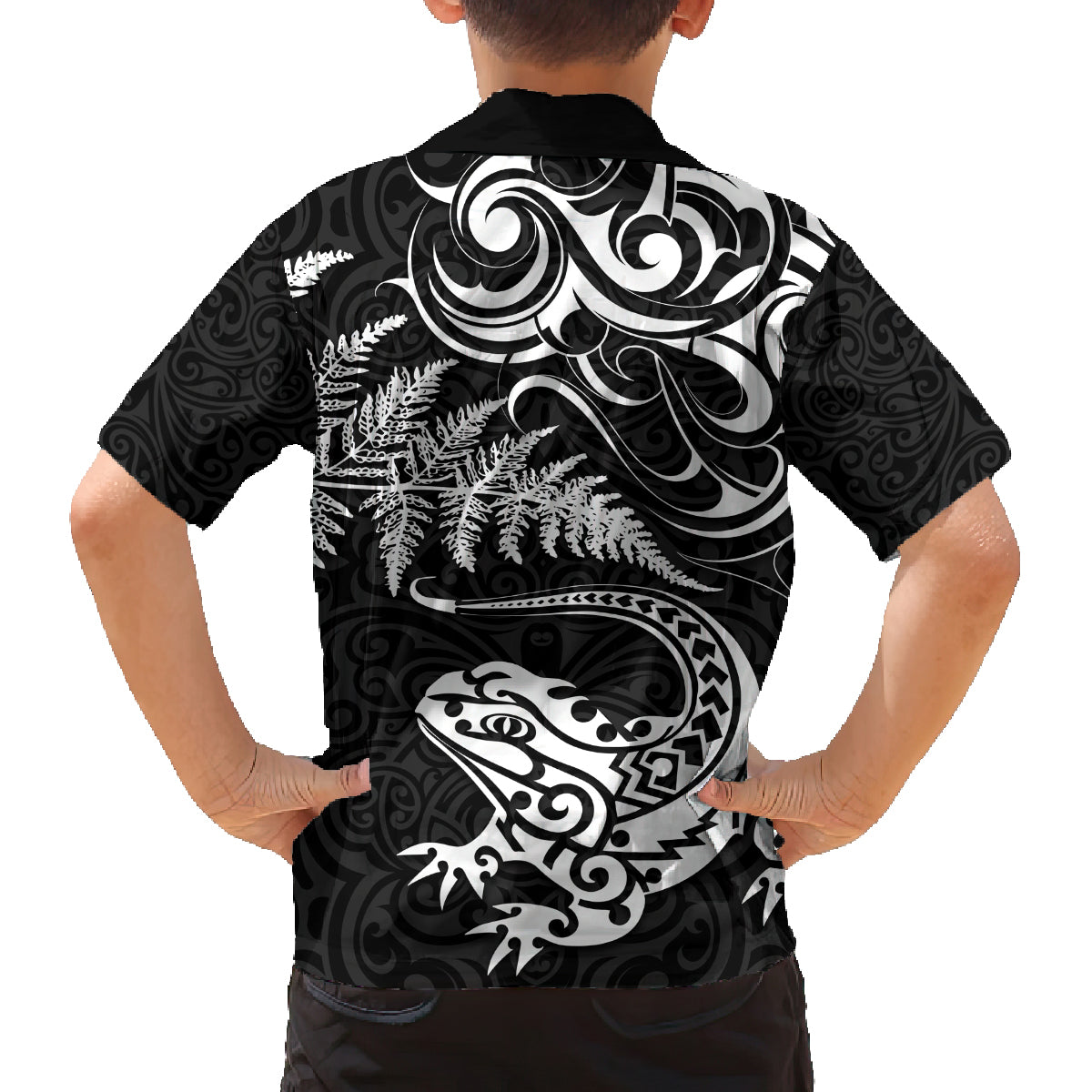 New Zealand Tuatara Tribal Tattoo Family Matching Summer Maxi Dress and Hawaiian Shirt Silver Fern and Maori Pattern Black Color LT03 - Polynesian Pride