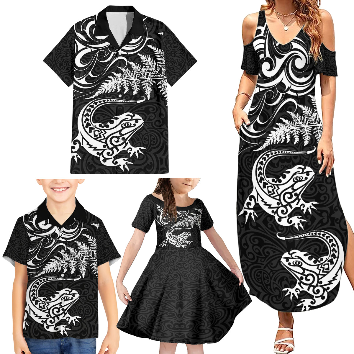 New Zealand Tuatara Tribal Tattoo Family Matching Summer Maxi Dress and Hawaiian Shirt Silver Fern and Maori Pattern Black Color LT03 - Polynesian Pride