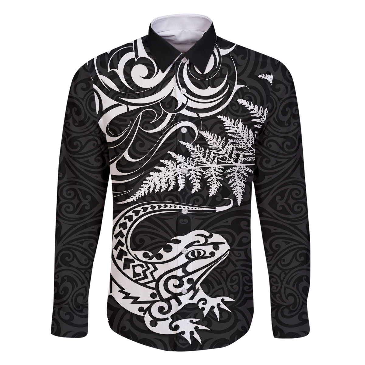 New Zealand Tuatara Tribal Tattoo Family Matching Summer Maxi Dress and Hawaiian Shirt Silver Fern and Maori Pattern Black Color LT03 Dad's Shirt - Long Sleeve Black - Polynesian Pride