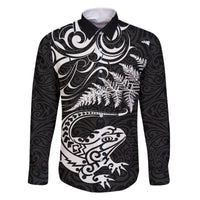 New Zealand Tuatara Tribal Tattoo Family Matching Tank Maxi Dress and Hawaiian Shirt Silver Fern and Maori Pattern Black Color LT03 Dad's Shirt - Long Sleeve Black - Polynesian Pride