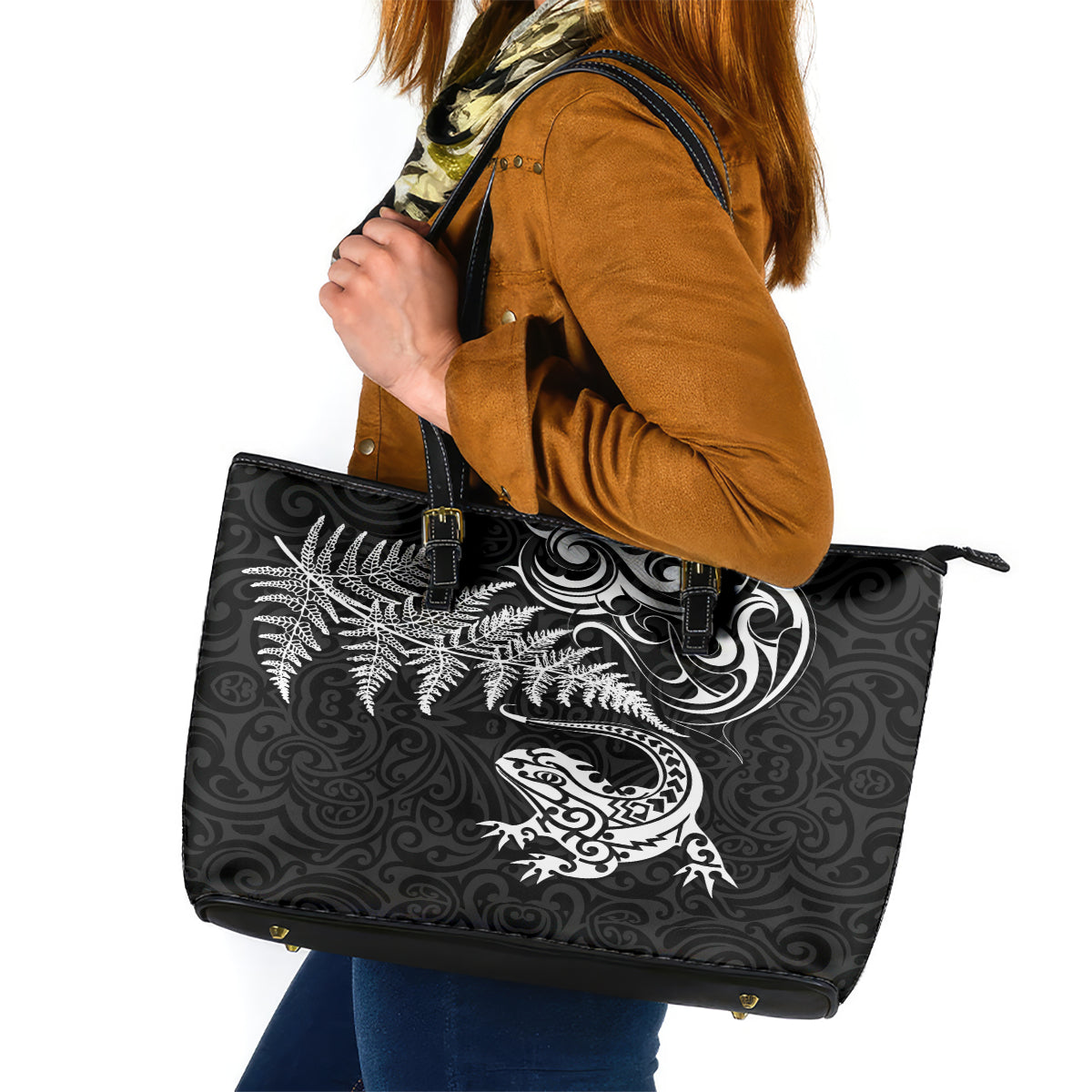 New Zealand Tuatara Tribal Tattoo Leather Tote Bag Silver Fern and Maori Pattern Black Color LT03 Black - Polynesian Pride