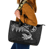 New Zealand Tuatara Tribal Tattoo Leather Tote Bag Silver Fern and Maori Pattern Black Color LT03 Black - Polynesian Pride
