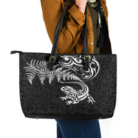 New Zealand Tuatara Tribal Tattoo Leather Tote Bag Silver Fern and Maori Pattern Black Color LT03 - Polynesian Pride