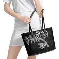 New Zealand Tuatara Tribal Tattoo Leather Tote Bag Silver Fern and Maori Pattern Black Color LT03 - Polynesian Pride
