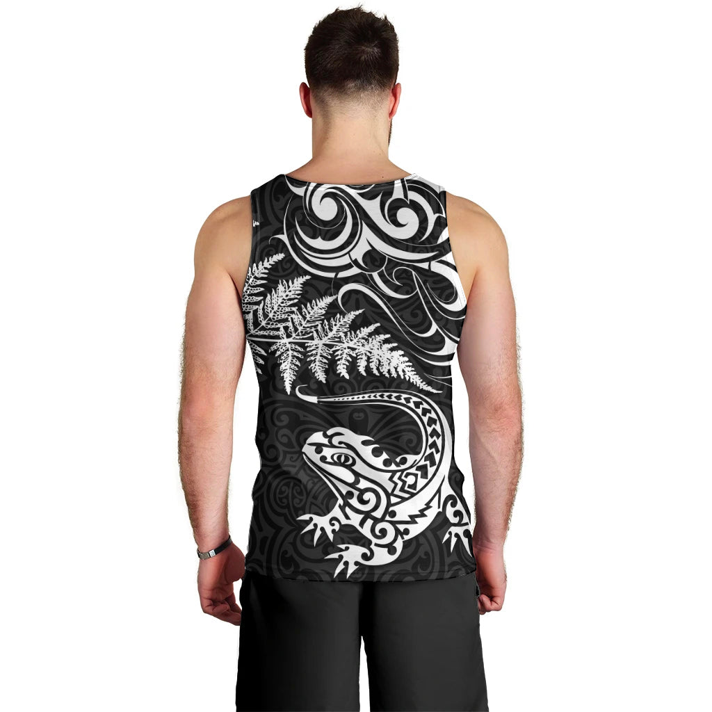 New Zealand Tuatara Tribal Tattoo Men Tank Top Silver Fern and Maori Pattern Black Color LT03 - Polynesian Pride