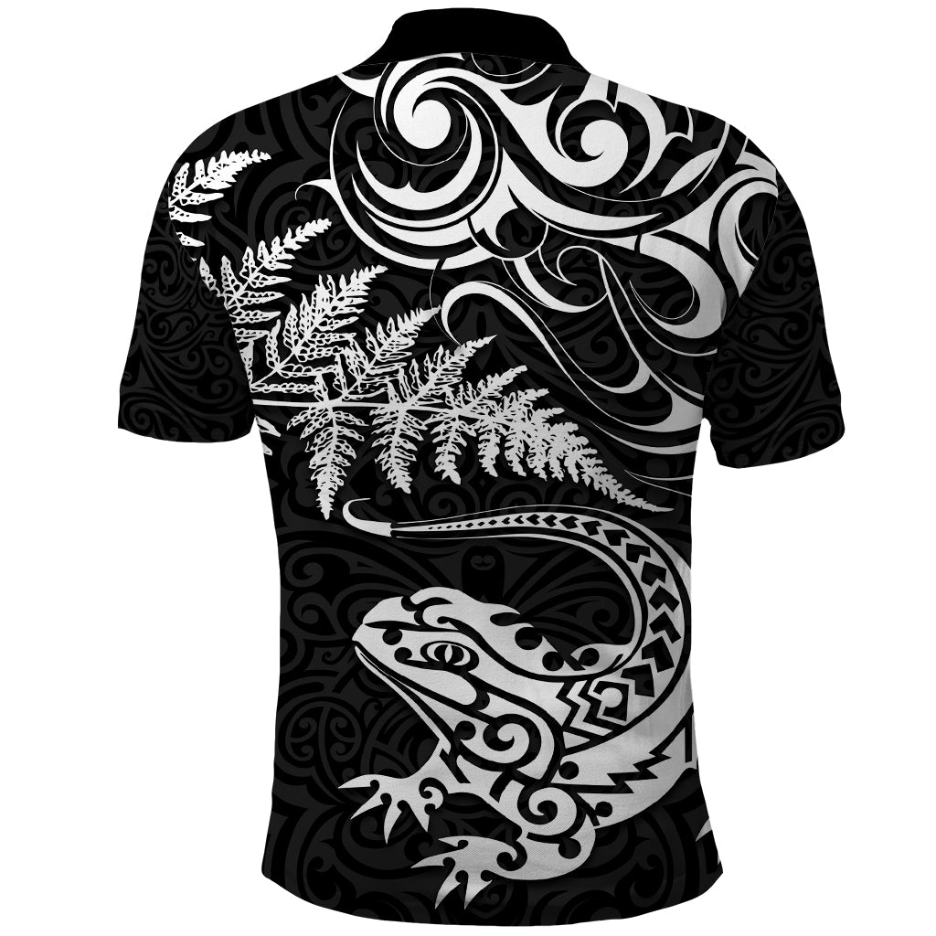 New Zealand Tuatara Tribal Tattoo Polo Shirt Silver Fern and Maori Pattern Black Color