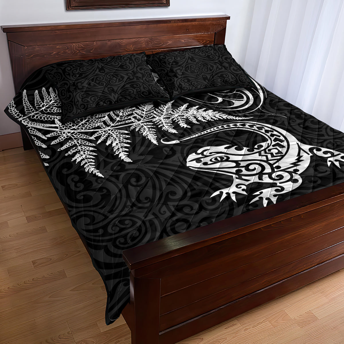 New Zealand Tuatara Tribal Tattoo Quilt Bed Set Silver Fern and Maori Pattern Black Color