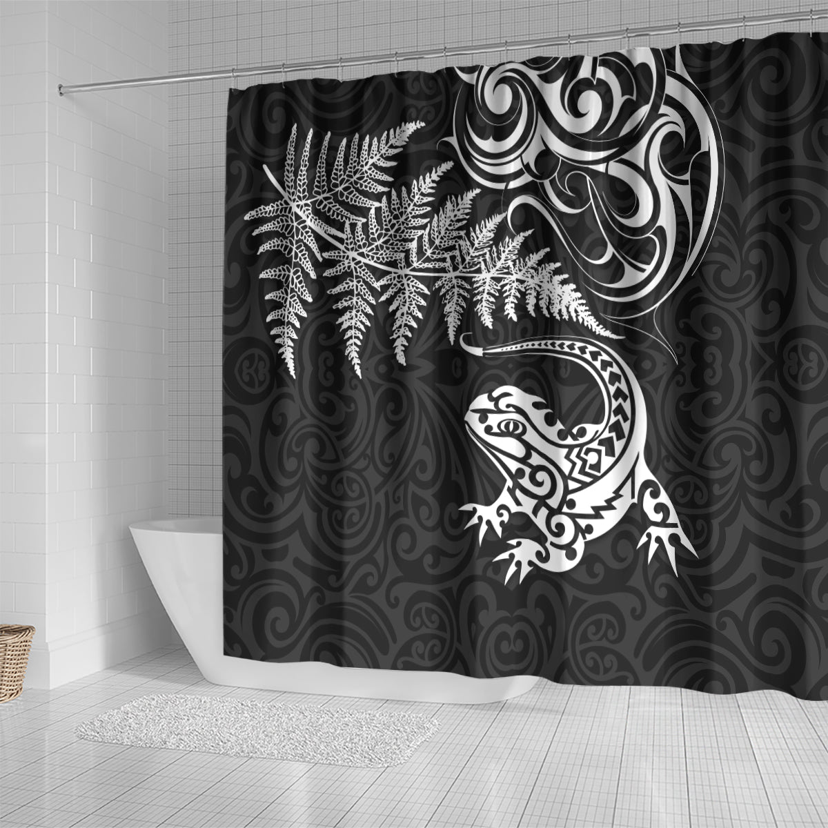 New Zealand Tuatara Tribal Tattoo Shower Curtain Silver Fern and Maori Pattern Black Color