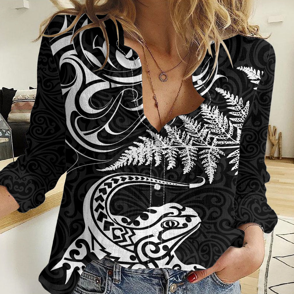 New Zealand Tuatara Tribal Tattoo Women Casual Shirt Silver Fern and Maori Pattern Black Color LT03 Female Black - Polynesian Pride