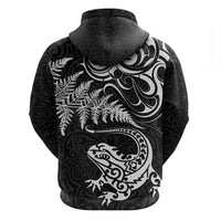 New Zealand Tuatara Tribal Tattoo Zip Hoodie Silver Fern and Maori Pattern Black Color