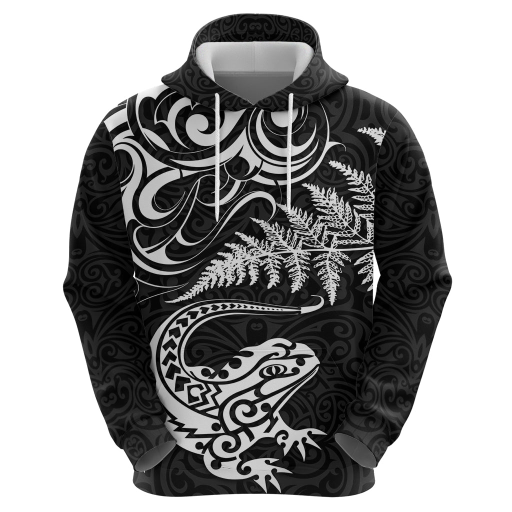 New Zealand Tuatara Tribal Tattoo Zip Hoodie Silver Fern and Maori Pattern Black Color