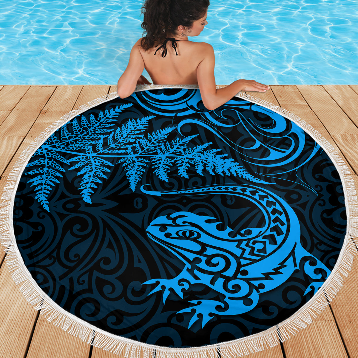 New Zealand Tuatara Tribal Tattoo Beach Blanket Silver Fern and Maori Pattern Blue Color LT03 - Polynesian Pride