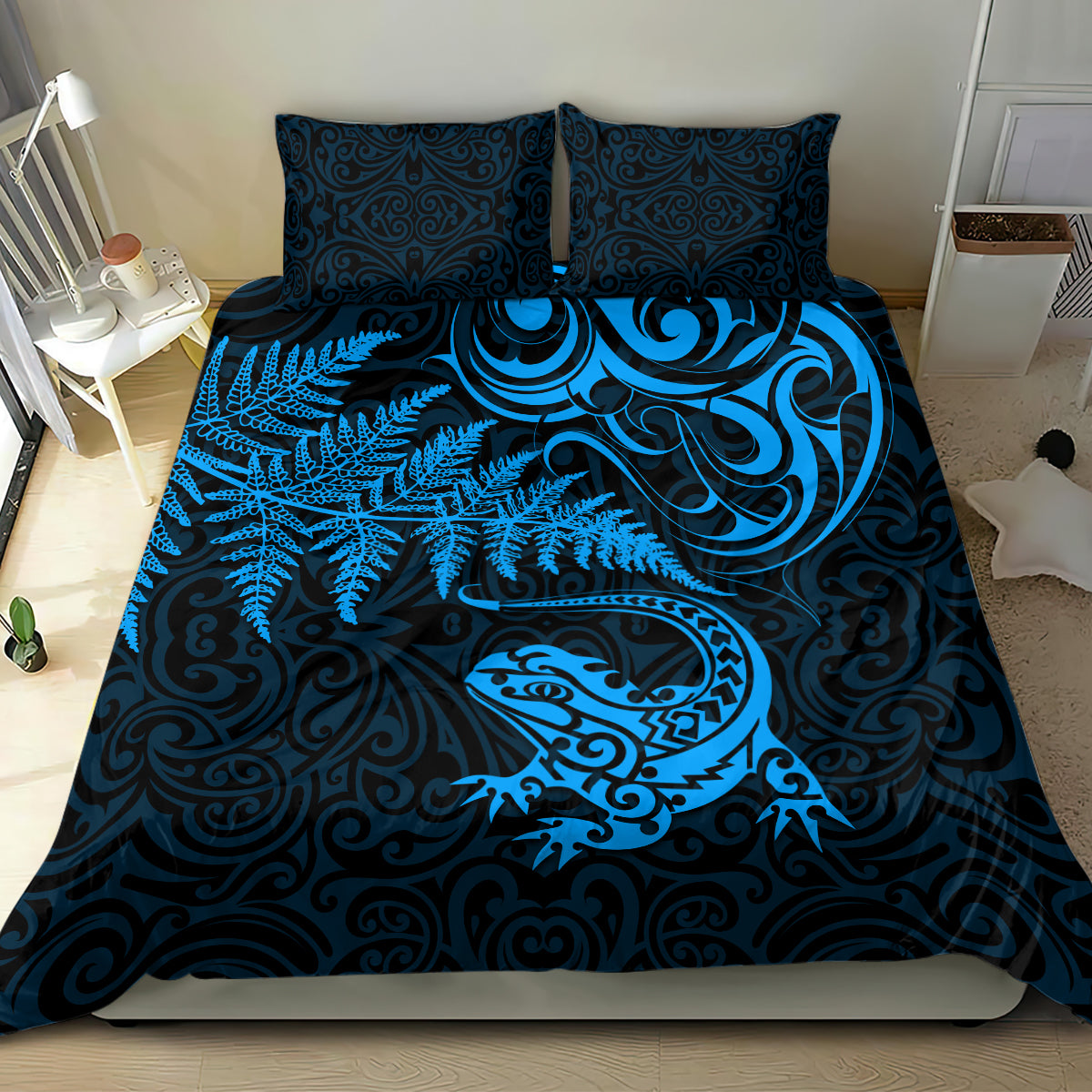 New Zealand Tuatara Tribal Tattoo Bedding Set Silver Fern and Maori Pattern Blue Color